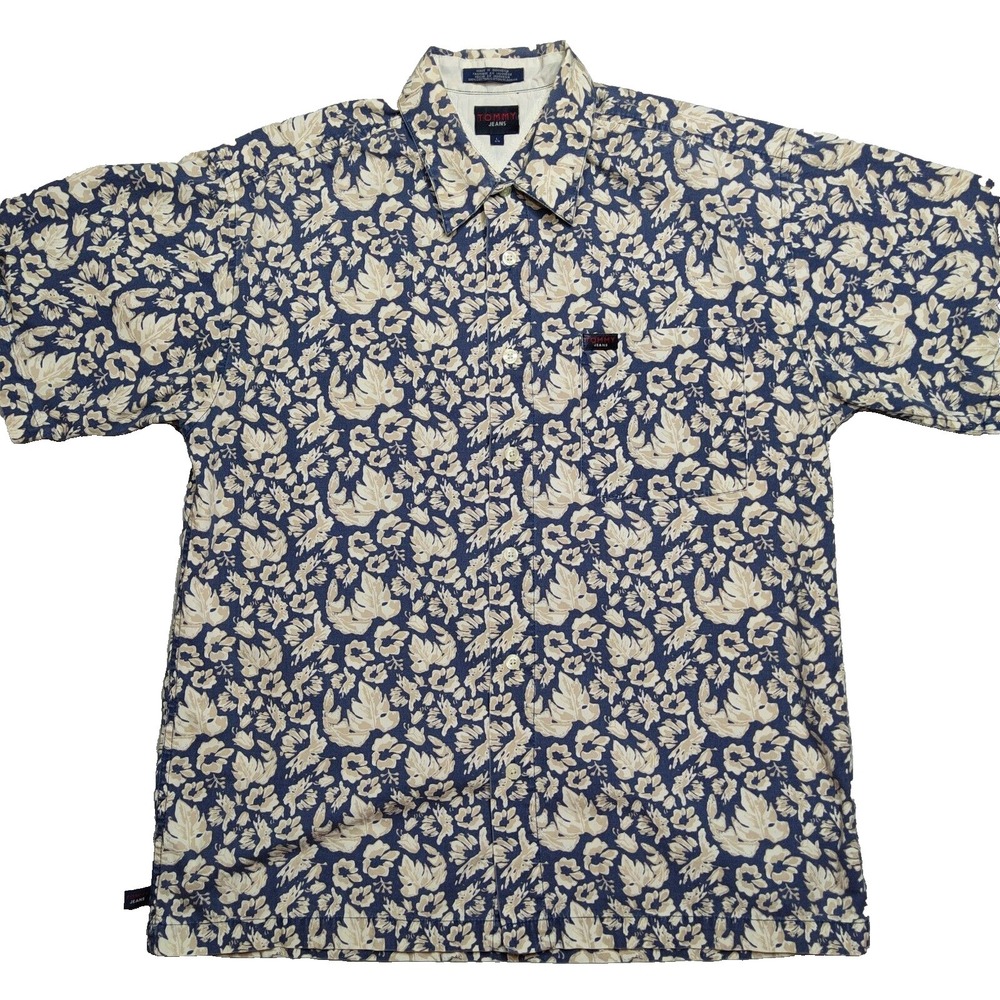 VTG TOMMY JEANS HAWAIIAN‎ Men Large Cotton Blue Floral Camp Shirt